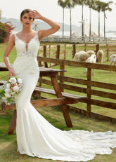 Kristin | Mermaid Scoop Neck Lace and Satin Wedding Dress with Long Train for Outdoor Weddings - Ivory - PromDressClub